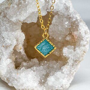 3/$20 14k Gold Lake Blue Glitter Resin Diamond Charm Handmade Pendant Necklace